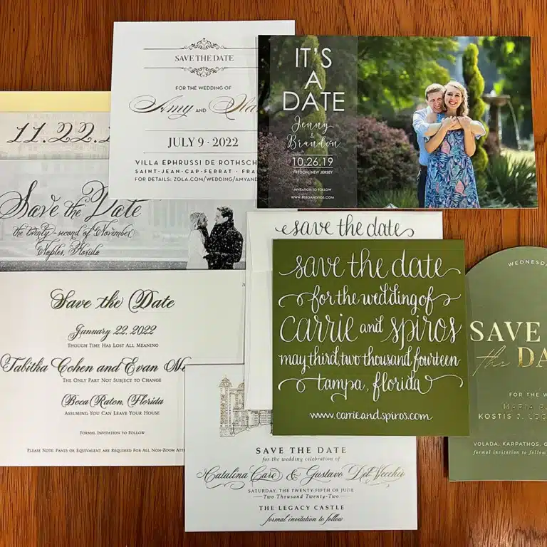 Letterpress, digital, foil stamped and photo wedding save the dates.